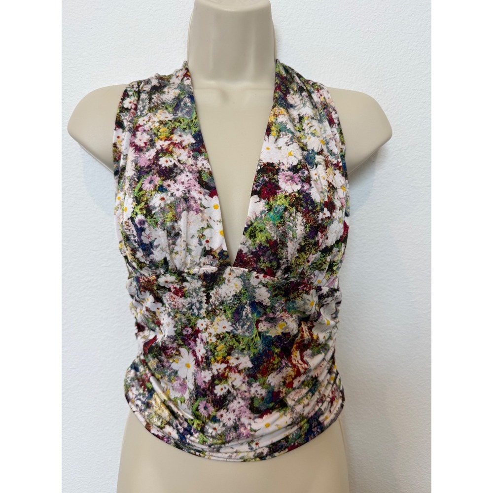 Guess Marilyn Floral Daisy Halter Top Ruched V-Neck‎ Blouse Multi Color Small